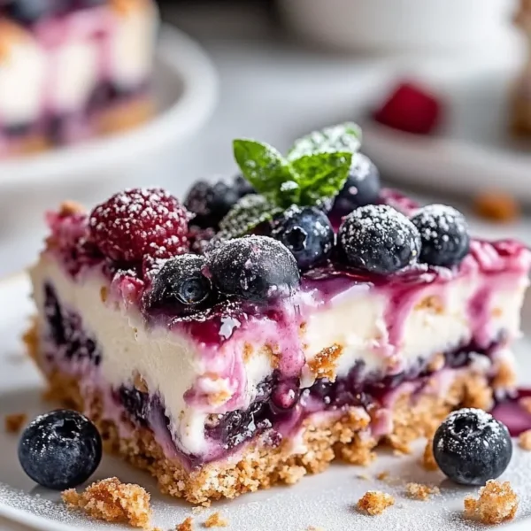 Blueberry Crisp Cheesecake Bars on a Plate