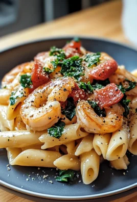 Delicious Cheese Shrimp Penne Pasta & Spinach Served Hot