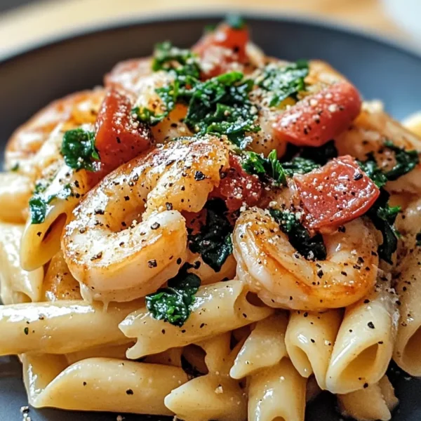 Delicious Cheese Shrimp Penne Pasta & Spinach Served Hot