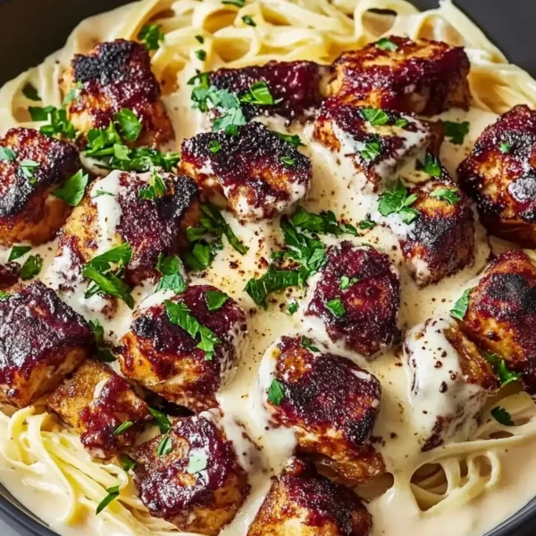 Garlic Butter Chicken Bites with Creamy Parmesan Pasta Plated