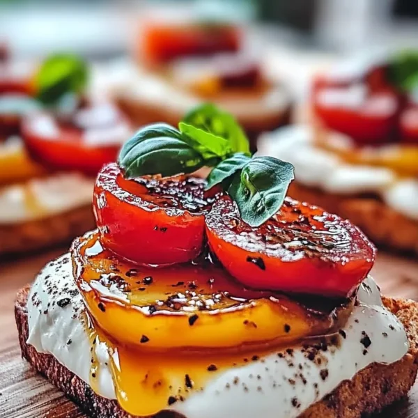 Delicious Grilled Peach and Burrata Crostini Plated