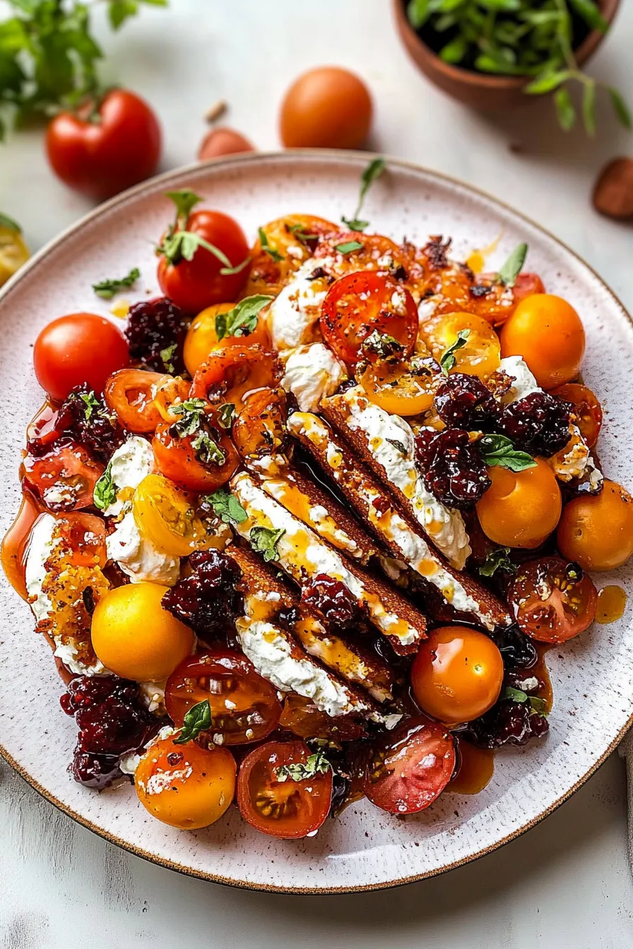 Hot Bacon Tomato Peach Goat Cheese Salad.