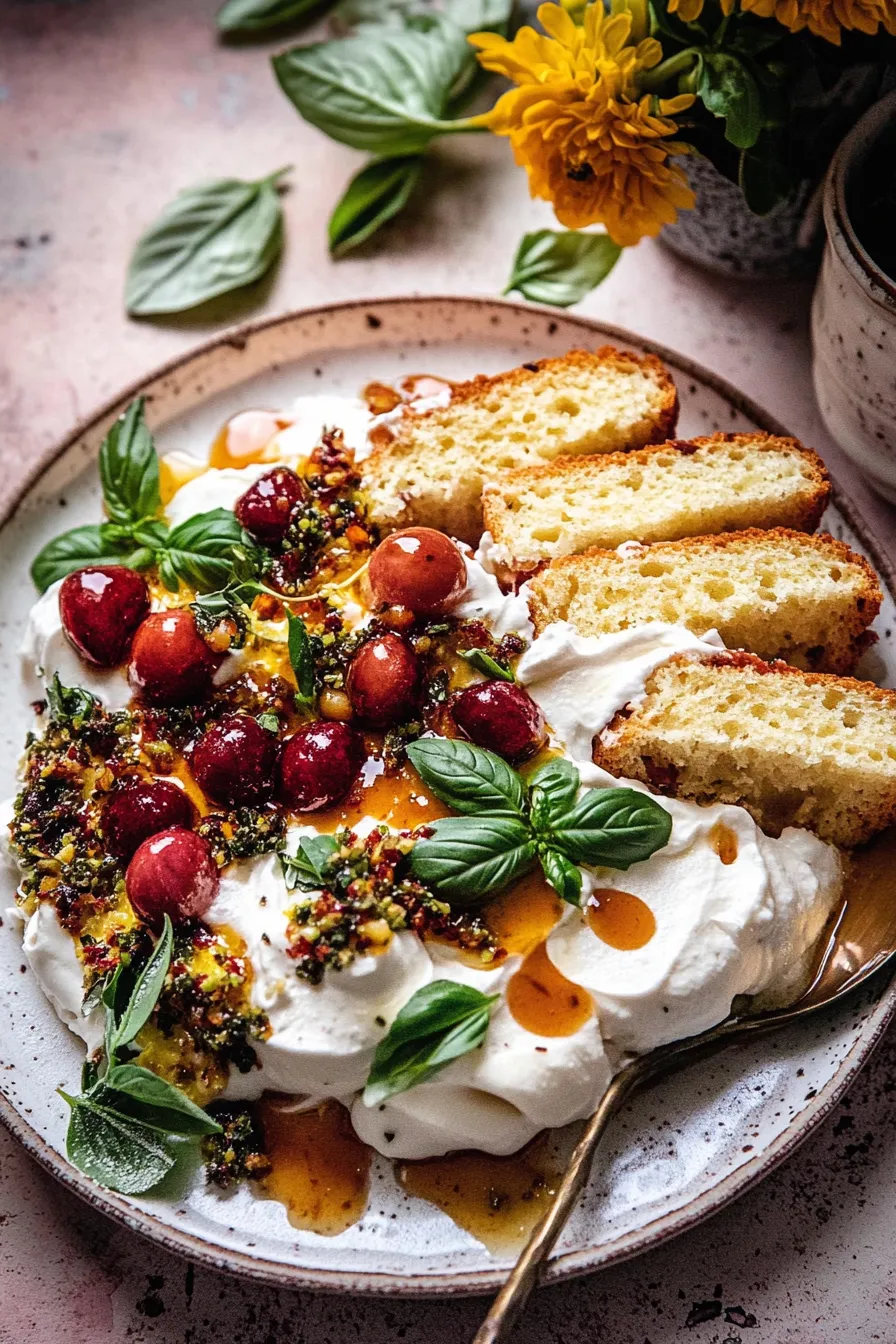 Smashed Burrata with Jam and Pistachios.