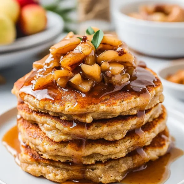 Fluffy Apple Pancakes Stacked High with Syrup
