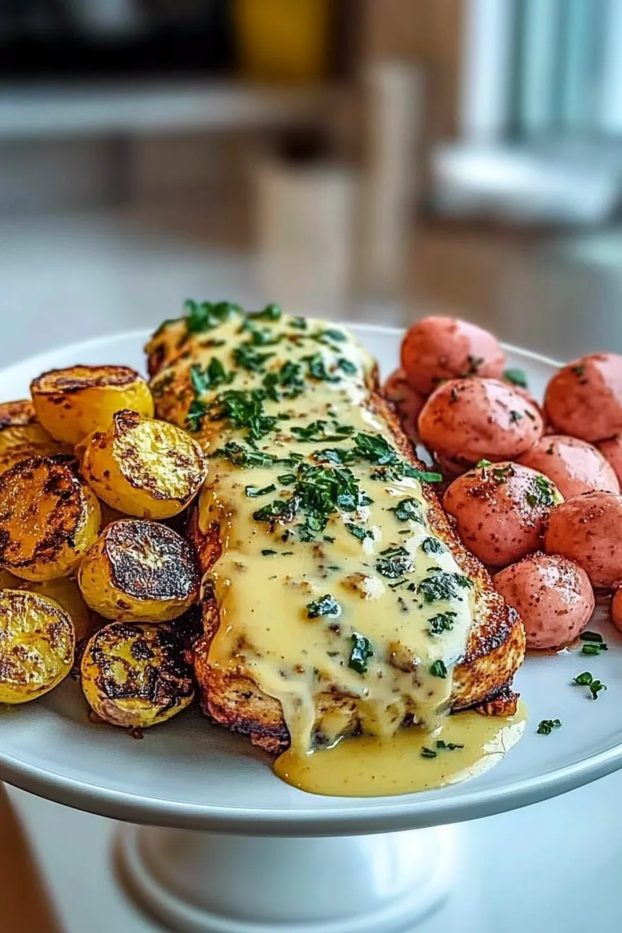 Chestnut Garlic Greek Chicken Alfredo with Sage Potatoes & Mushroom Pesto Cream