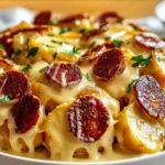 Crockpot Pierogi Casserole with Kielbasa in a Serving Dish