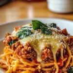 Garlic Butter Spaghetti with Cheesy Italian Sausage and Spinach Plate