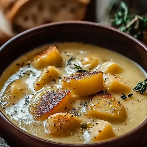 Hearty Cheddar Garlic Herb Potato Soup in a Bowl