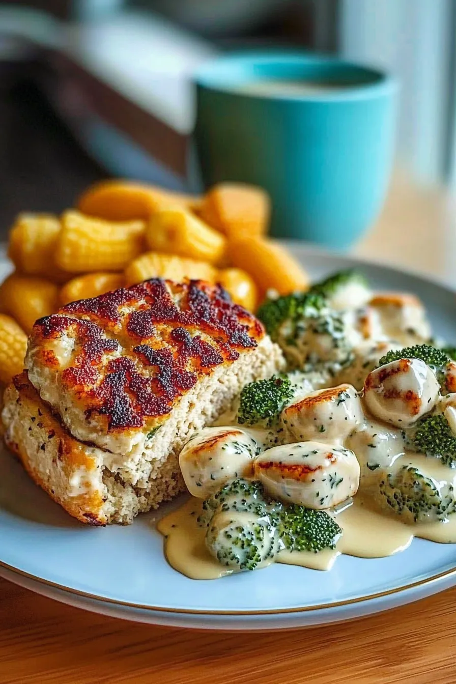 Spinach-Artichoke Greek Chicken Alfredo & Crispy Parmesan Broccoli with Mushroom Basil Cream 