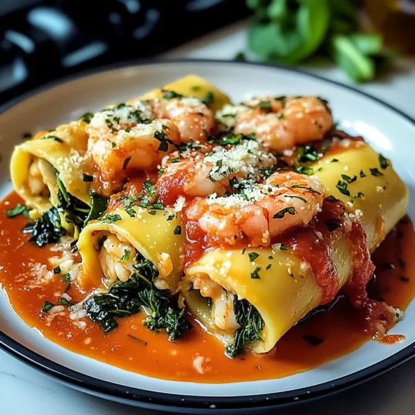 SHRIMP AND SPINACH STUFFED PASTA ROLLS WITH ROASTED RED PEPPER CREAM
