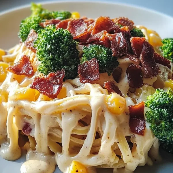 Cheesy Bacon Chicken Pasta with Broccoli Close-Up