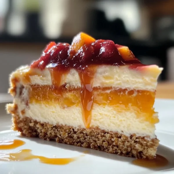 Peach Cobbler Cheesecake Slice on a Rustic Plate