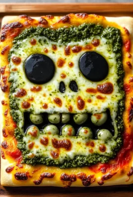 Frankenstein Pizza (Rectangular With Green Pesto And Olive Bolts)