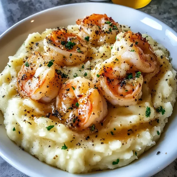 CREAMY GARLIC SHRIMP OVER MASHED POTATOES