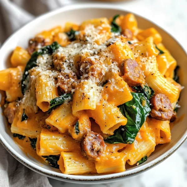 CREAMY BUTTERNUT SQUASH PASTA WITH SAUSAGE AND SPINACH