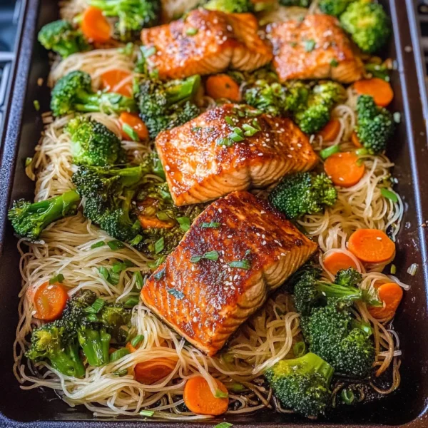 Sheet Pan Asian Salmon with Broccoli, Carrots, and Rice Noodles