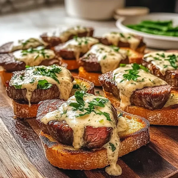 Gourmet Beef Tenderloin Crostini with Creamy Parmesan Sauce