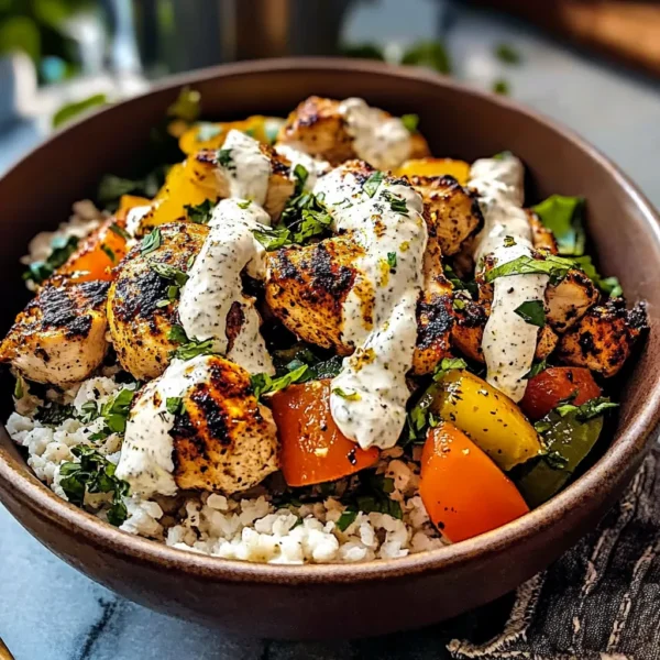 GREEK CHICKEN BOWLS WITH CREAMY TAHINI FETA SAUCE