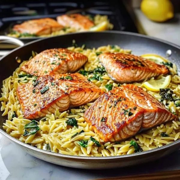 One Skillet Salmon with Lemon Orzo