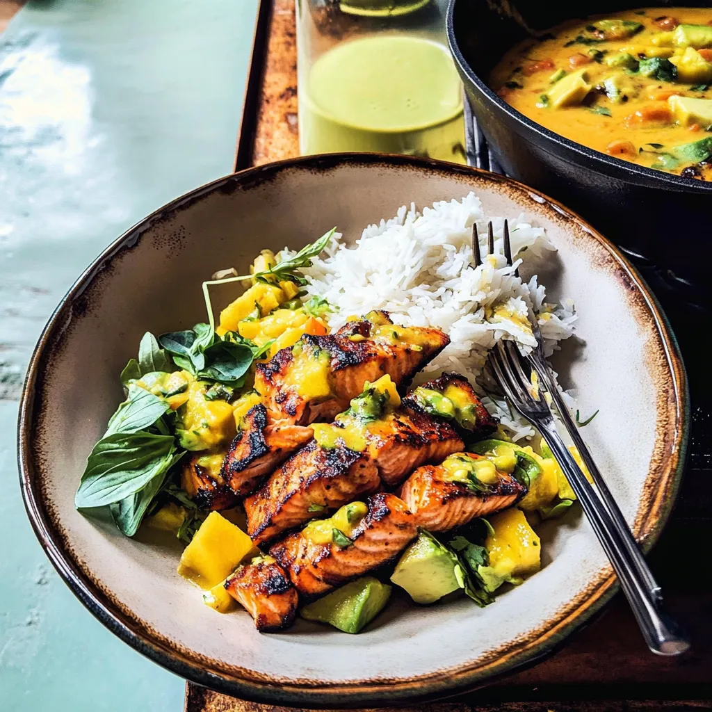 BBQ Salmon Curry with Mango Avocado Salsa.