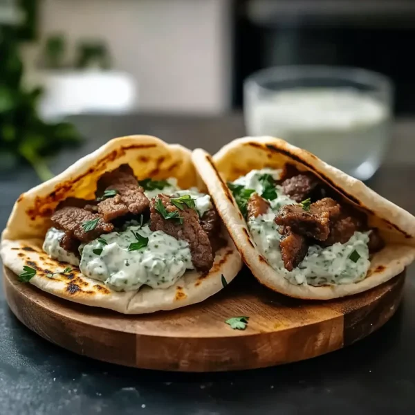 Cheesy Beef and Mushroom Pita Pockets with Tzatziki Sauce