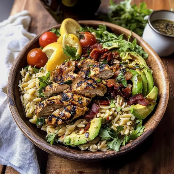 Grilled Lemon Herb Chicken Avocado Orzo Salad with Honey Mustard Bacon Dressing.