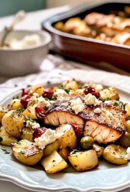 Sheet Pan Mahi Mahi and Potatoes with Feta Olive Dressing.