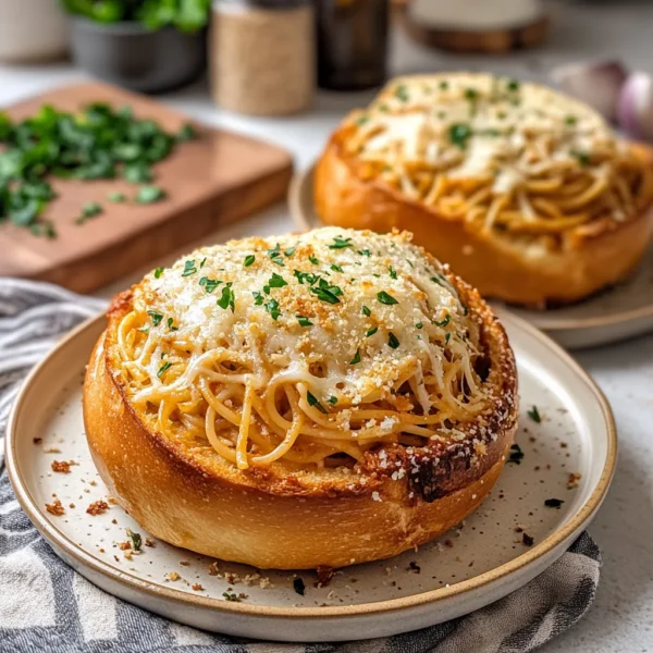 Cheesy Spaghetti in Garlic Bread Bowls | Fast Dinners Idea