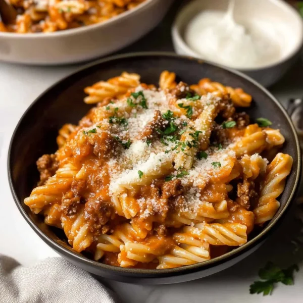 One pot creamy tomato beef pasta